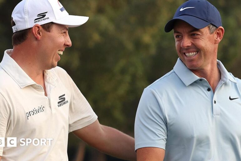 Matt Fitzpatrick and Rory McIlroy have a laugh after the DP World Tour Championship