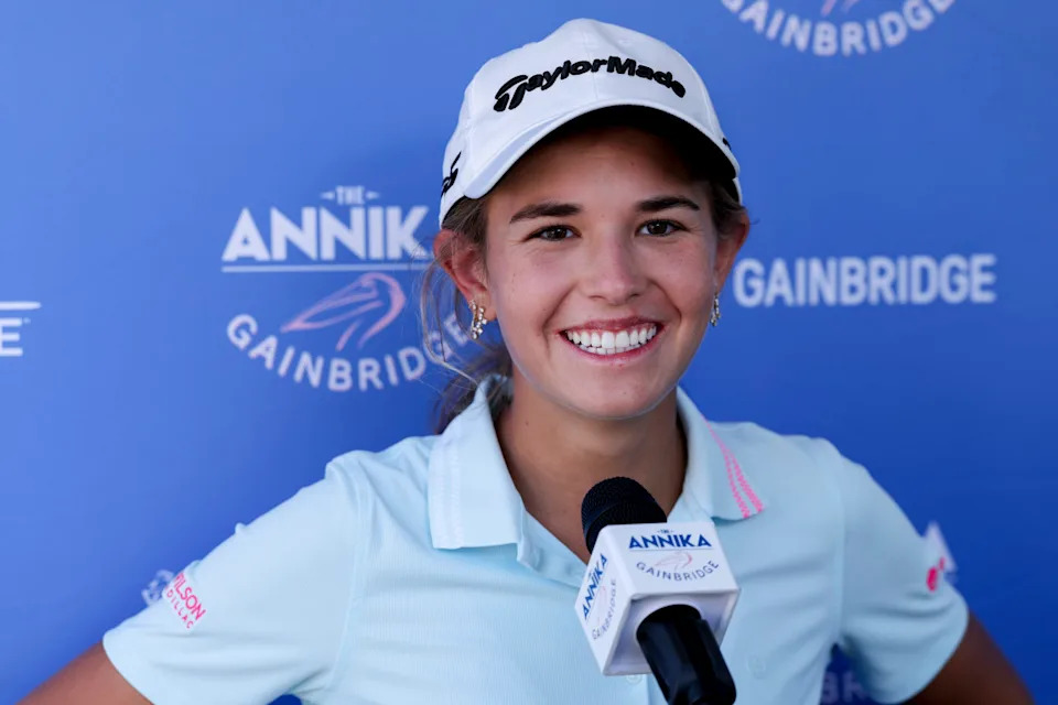 Nov 14, 2025; Belleair, Florida, USA; Kai Trump talks to media after the second round of The ANNIKA golf tournament at Pelican Golf Club. Mandatory Credit: Nathan Ray Seebeck-Imagn Images© Nathan Ray Seebeck-Imagn Images