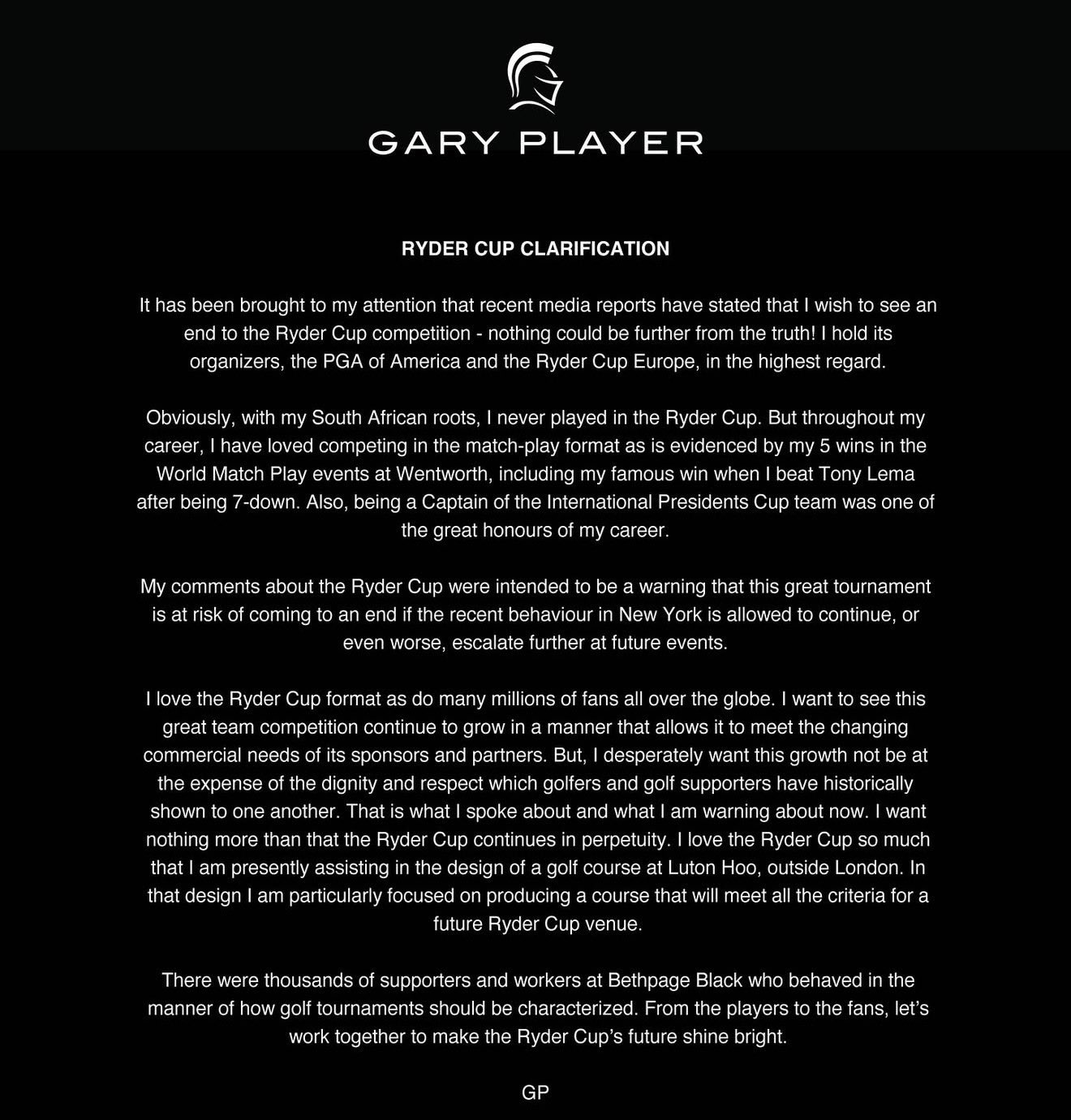 Gary Player's statement