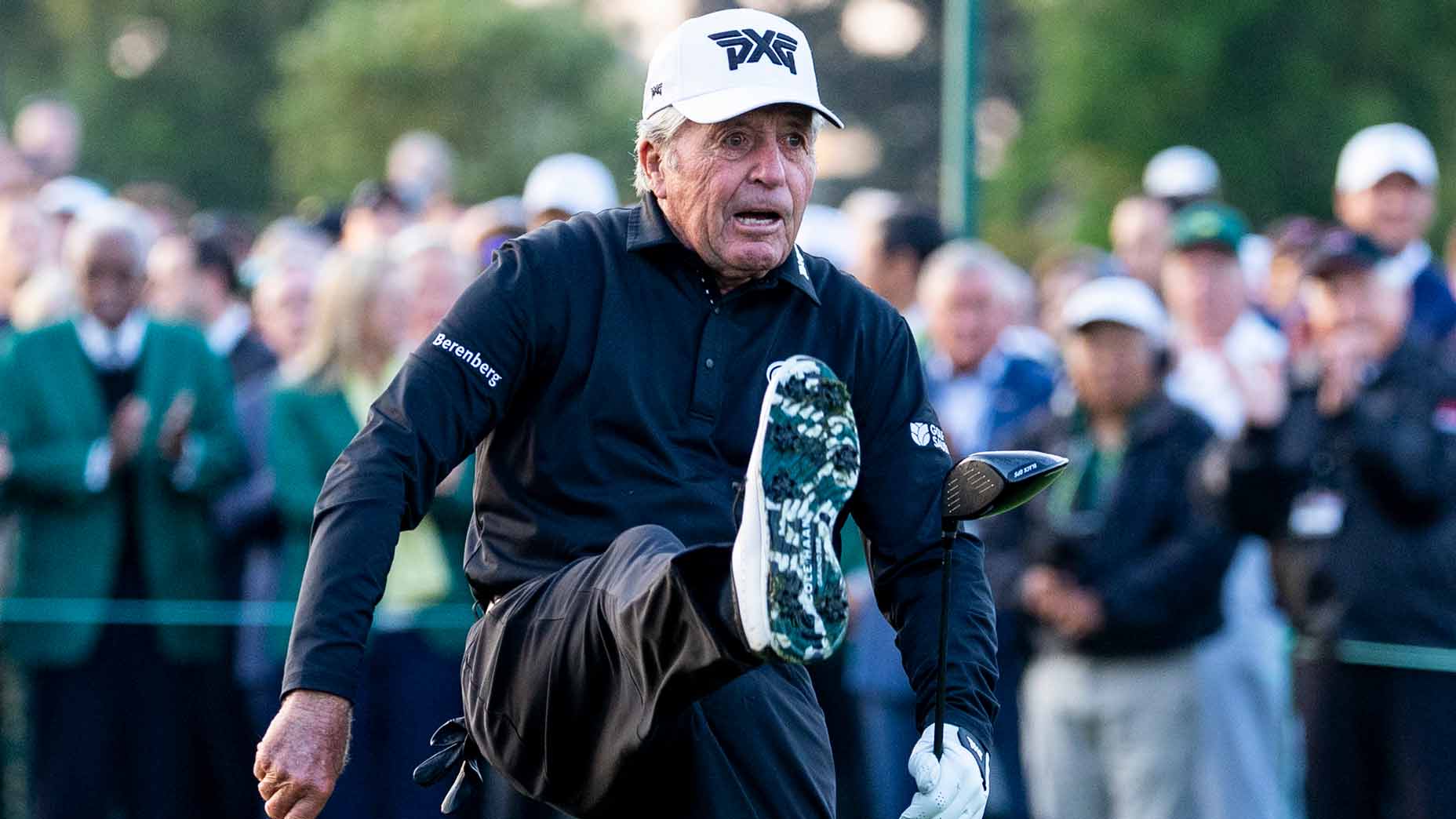 Gary Player, who criticized the Ryder Cup recently, celebrates a tee shot at the 2025 Masters.