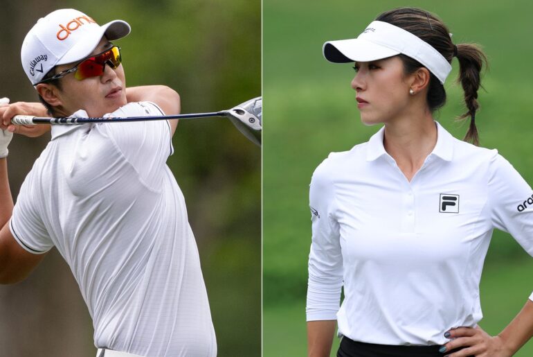 Changwoo Lee and Muni He hit golf shots