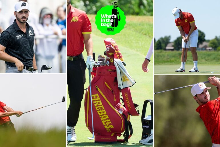Josele Ballester's golf bag, with various photos of him around it
