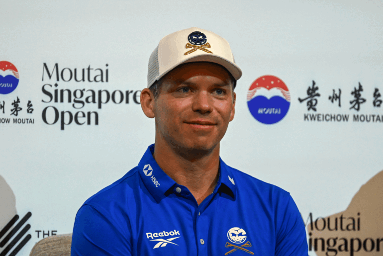 Paul Casey looks on during his pre-tournament press conference at the 2025 Moutai Singapore Open