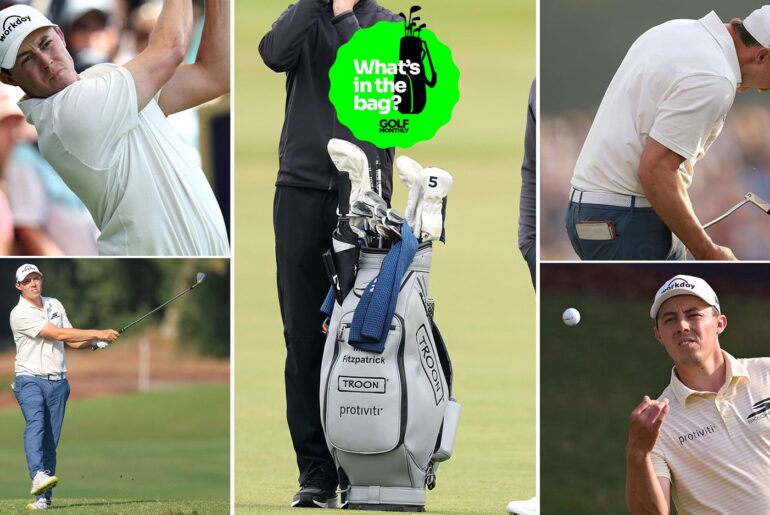 Matt Fitzpatrick's golf bag with various pictures of him around it