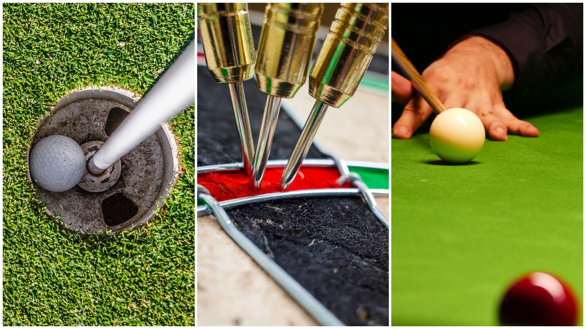 What’s Easier, A Hole-In-One, 9 Darter Or 147? This Company Will Answer That Question Via An Interesting Experiment A golf ball, dart board and snooker table