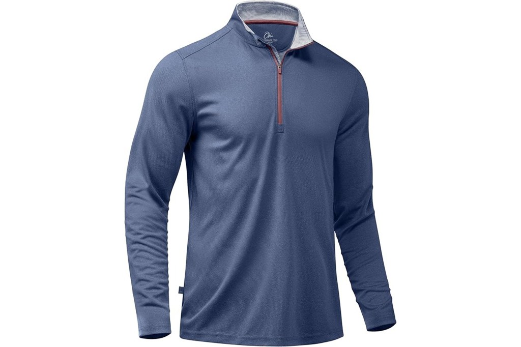 Blue long-sleeved quarter-zip shirt with a red zipper and white collar lining.