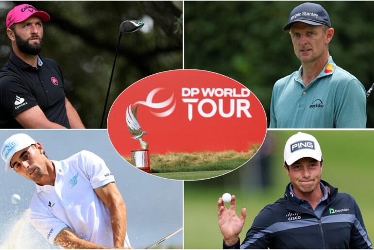 The Abu Dhabi HSBC Championship trophy with four players around the outside