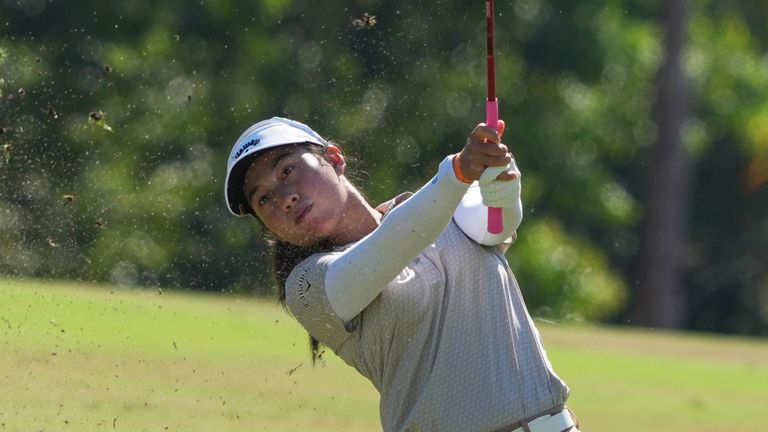 Jeeno Thitikul of Thailand hits her ball from the second fairway during the final round of the LPGA Tour Championship golf tournament, Sunday, Nov. 23, 2025, in Naples, Fla. (AP Photo/Marta Lavandier)