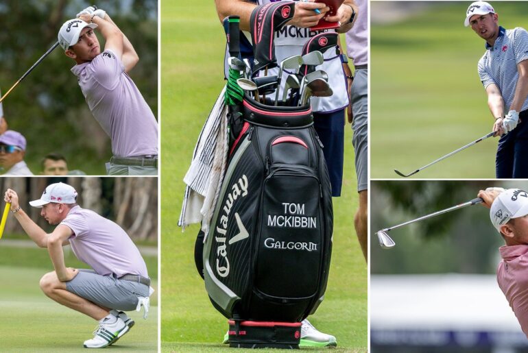 A close-up of Tom McKibbin's golf bag, with McKibbin around it