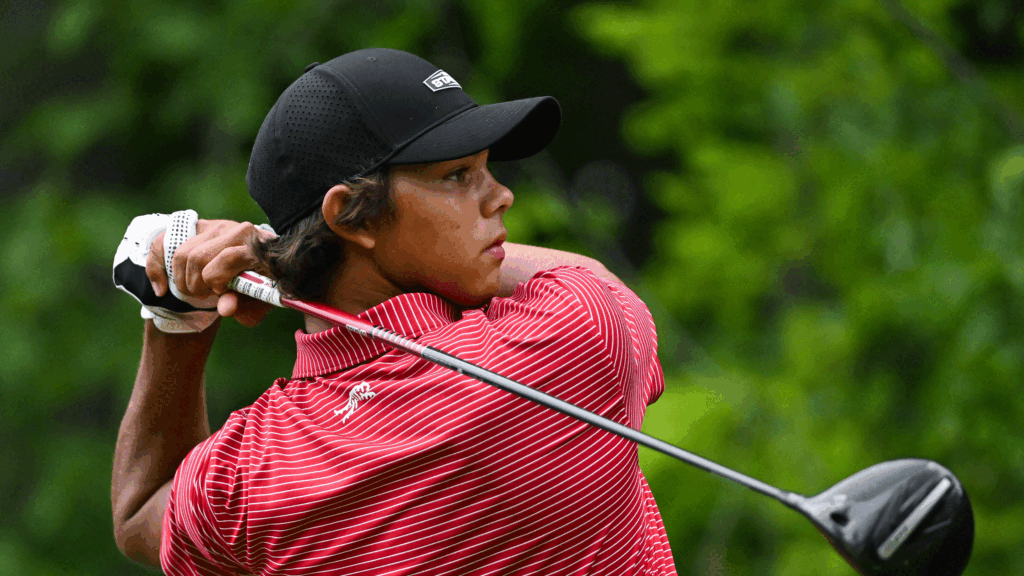 Charlie Woods Leads School To 2025 State Championship Round Charlie Woods hits driver at the 2025 Junior PGA Championship