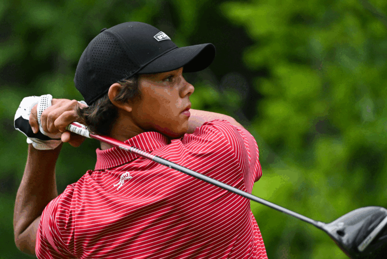 Charlie Woods hits driver at the 2025 Junior PGA Championship