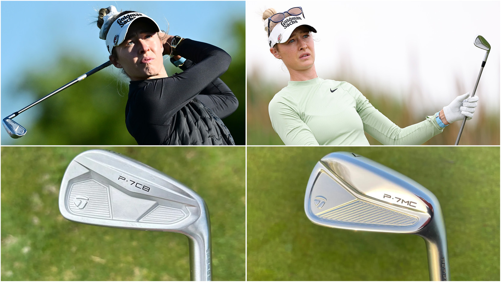Nelly Korda hits two iron shots, with two irons displayed underneath
