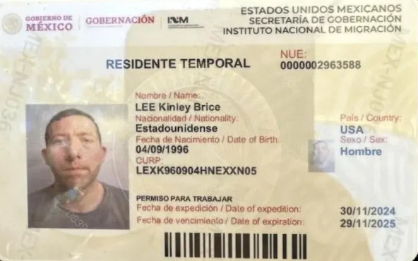 Mexican temporary resident identification card for Kinley Lee.