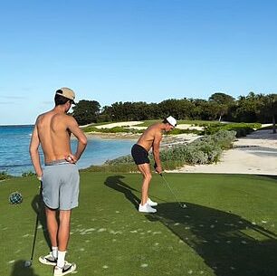 NFL legend Tom Brady went topless for a Christmas Eve round of golf with son Jack, 18