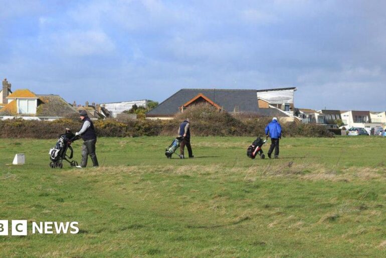 Three golfers with golf carts walking on the gold course at Solent Meads. In the background are neighbouring houses - large dormer bungalows with pitched roofs and two-storey modern houses with balconies.