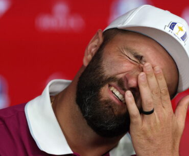 Jon Rahm speaks to reporters before the 2025 Ryder Cup