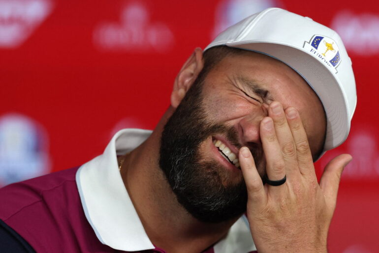 Jon Rahm speaks to reporters before the 2025 Ryder Cup