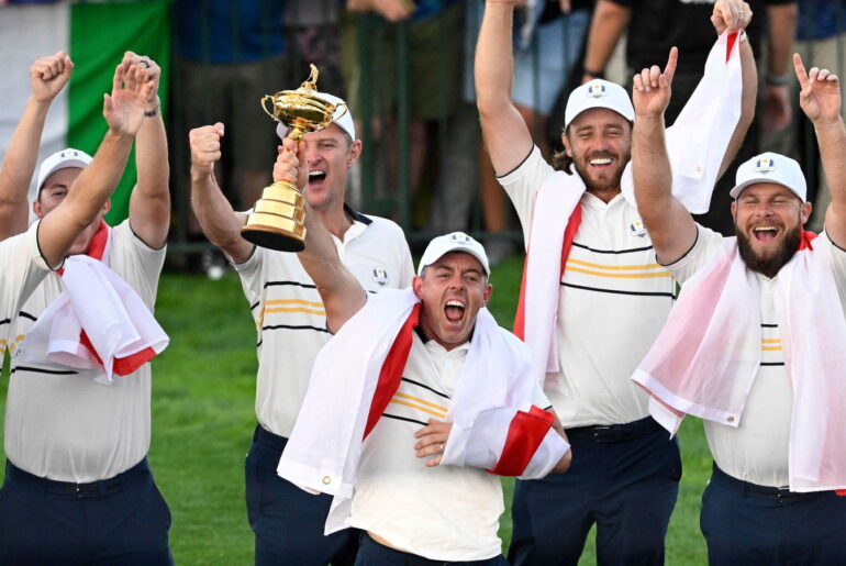Rory McIlroy celebrates winning the Ryder Cup in September