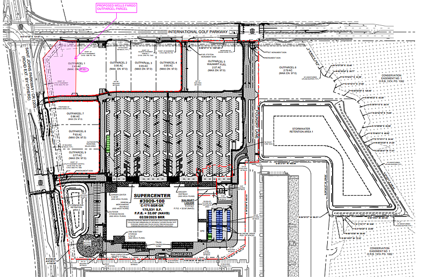 Wells Fargo is planning a branch at International Golf Parkway at St. Johns Parkway in an outparcel of a Walmart Supercenter development. The area is marked in pink. Wells Fargo is planning a branch at International Golf Parkway at St. Johns Parkway in an outparcel of a Walmart Supercenter development. The area is marked in pink.