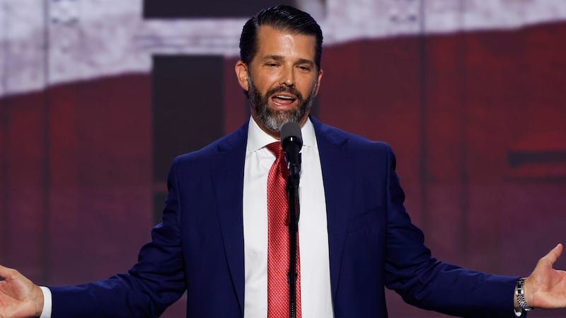 Donald Trump Jr., son of former U.S. President Donald Trump speaks on stage  on the third day of the Republican National Convention at the Fiserv Forum on July 17, 2024 in Milwaukee, Wisconsin.