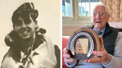 Supplied and BBC Archie, left, pictured during the years he served in World War Two, and, right, with his trophy 