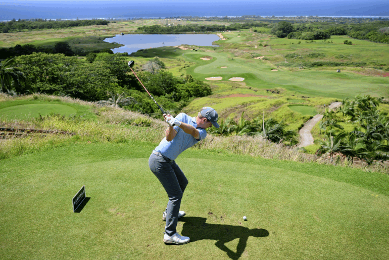 Ryan Gerard hits a tee shot at Heritage La Reserve Golf Links during the final round of the 2025 Mauritius Open