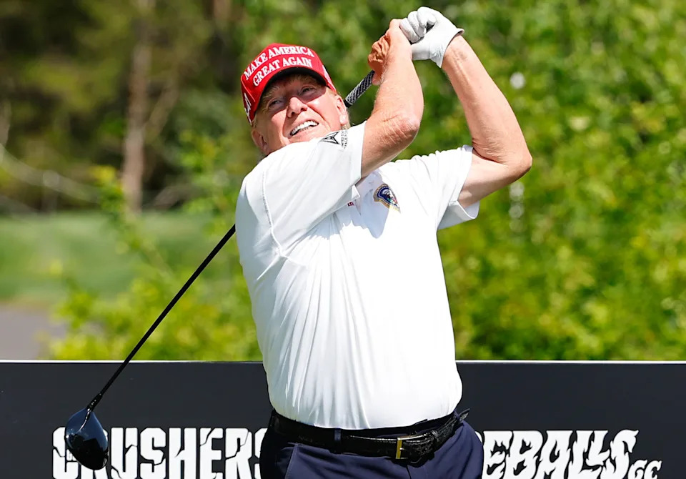 Trump tees off at the New Jersey club in 2023. / Icon Sportswire / Icon Sportswire via Getty Images