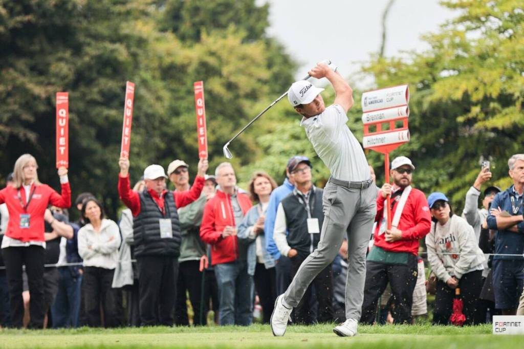 South Surrey golf course honoured with 2025 PGA Tour Americas award Michael Brennan teeing off on the first hole on Day 3 of the PGA Tour Americas’ Fortinet Cup Championship at Morgan Creek Golf Course in Surrey on Sept. 27, 2025. (Anna Burns photo)