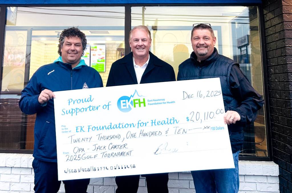 Charity golf tournament raises $20K for Cranbrook hospice house Colin Sinclair (Opa), Greg Sternig (Cranbrook Kimberley Hospice Society), Brandon Laurie (Jack Carter) donated over $20,000 towards the Cranbrook hospice house project. Photo courtesy Interior Health.
