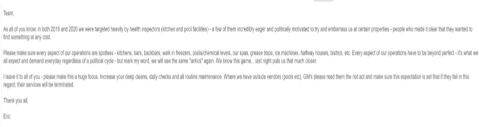 The email the president's second son allegedly sent out to only male managers. / Courtesy of McOmber McOmber & Luber, P.C.