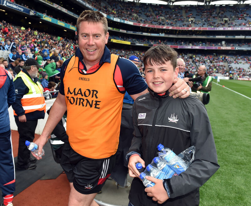 Cork selector Ollie Rue O'Sullivan and his son Shane after defeating Mayo in the Electric Ireland All Ireland minor football semi final in 2019. Picture: Eddie O'Hare