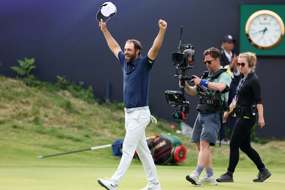 Scottie Scheffler of the United States celebrates on the 18th green after winning The 153rd Open Championship at Royal Portrush Golf Club on July 20, 2025 in Portrush, Northern Ireland.