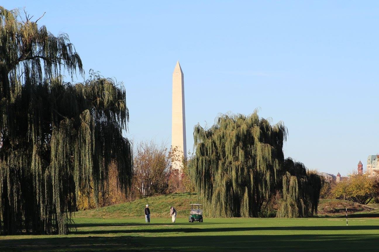 The course, which dates back over a century, offers views of the Washington Monument.