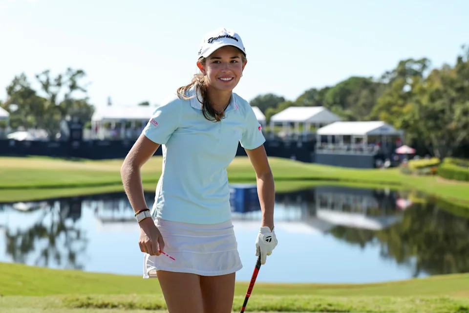 Nov 14, 2025; Belleair, Florida, USA; Kai Trump reacts after hitting a shot from the twelfth hole tee during the second round of The ANNIKA golf tournament at Pelican Golf Club. Mandatory Credit: Nathan Ray Seebeck-Imagn Images