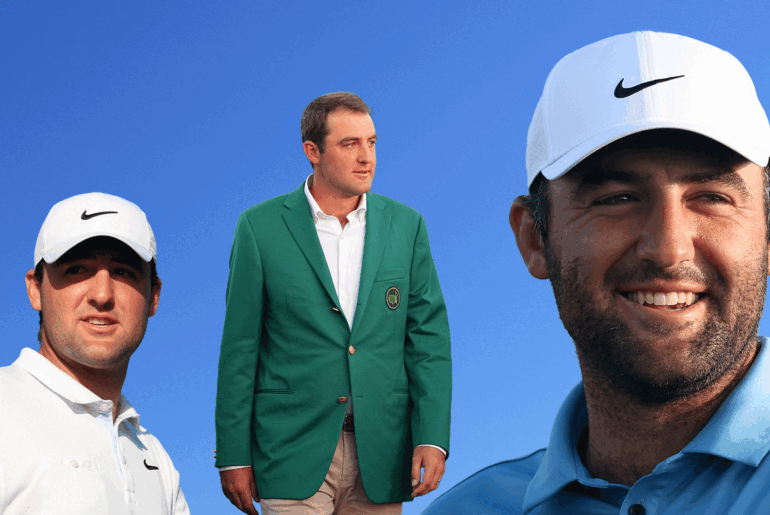 Scottie Scheffler in 2018 (left), Scheffler wearing his first Masters Green Jacket in 2022 (middle) and Scheffler smiling in 2025 (right)