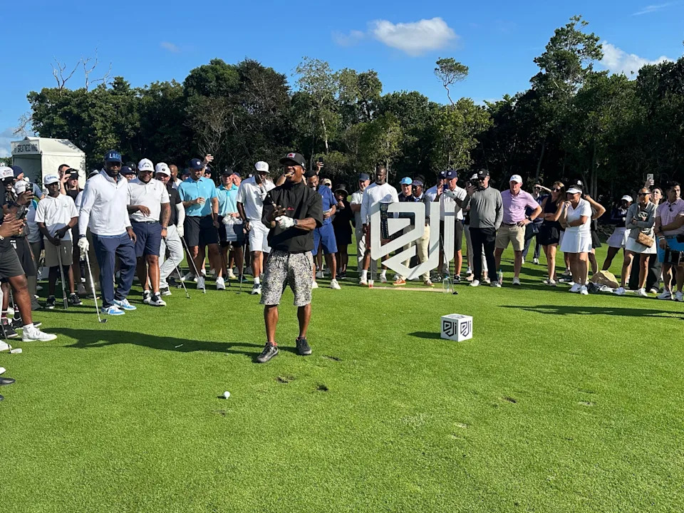 Ja Rule before he shanked his tee shot at the celebrity shootout at the Derek Jeter Invitational at Royal Blue Golf Course at Baha Mar in Nassau, Bahamas.