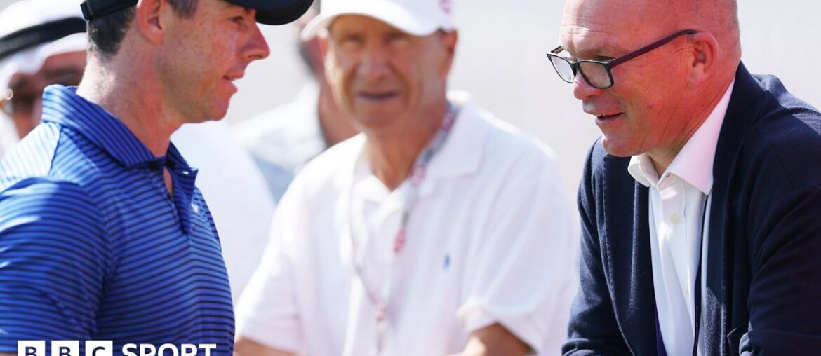 Rory McIlroy chatting to DP World Tour chief executive Guy Kinnings