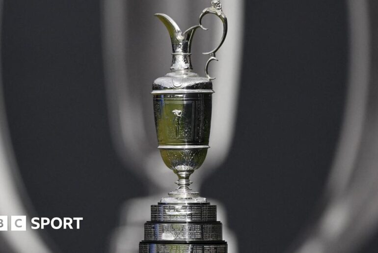 The Open 2025 trophy sits placed on a stand ahead of the start of the tournament.