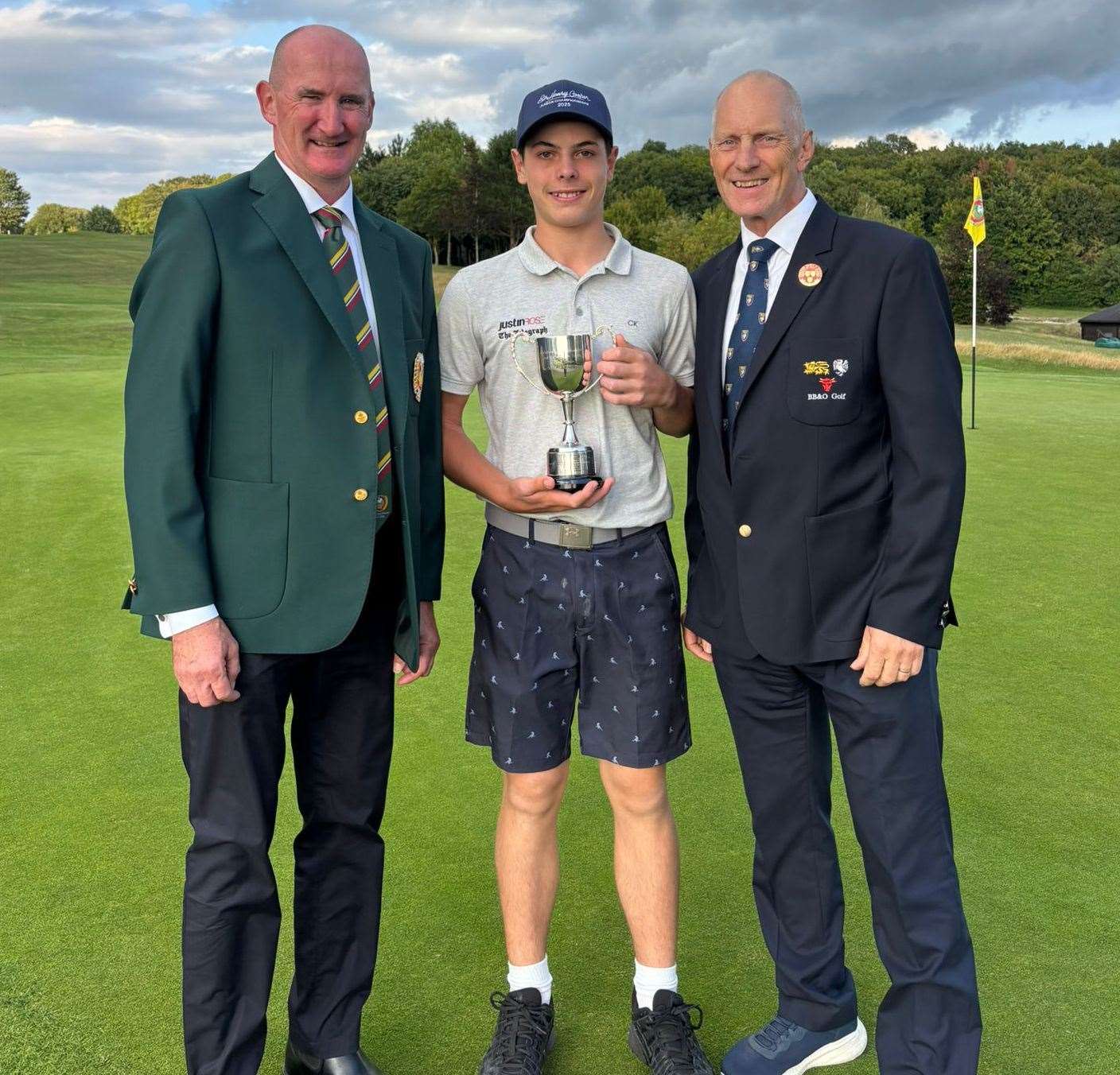 Justin Chenu, with Harewood Downs club captain George Restall (left) and Berks Bucks & Oxon Golf president David Cowap, enjoyed Douglas Johns Trophy glory earlier this year