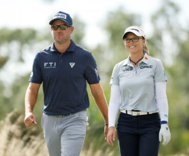 NAPLES, FLORIDA - DECEMBER 09: Corey Conners of Canada and Brooke M. Henderson of Canada walk from the second tee during the second round of the Grant Thornton Invitational at Tiburon Golf Club on December 09, 2023 in Naples, Florida. (Photo by Cliff Hawkins/Getty Images)