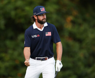 FARMINGDALE, NEW YORK - SEPTEMBER 27: Cameron Young of Team United States reacts on the third green during the Saturday morning foursomes matches of the 2025 Ryder Cup at Black Course at Bethpage State Park Golf Course on September 27, 2025 in Farmingdale, New York. (Photo by Richard Heathcote/Getty Images)