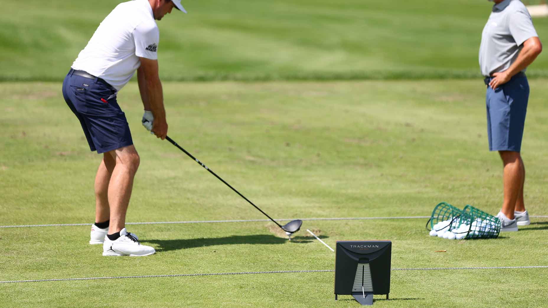 A detailed view of the Trackman as Keegan Bradley of the United States plays a shot from the driving range during a practice round prior to the 2024 PGA Championship at Valhalla Golf Club on May 13, 2024 in Louisville, Kentucky.