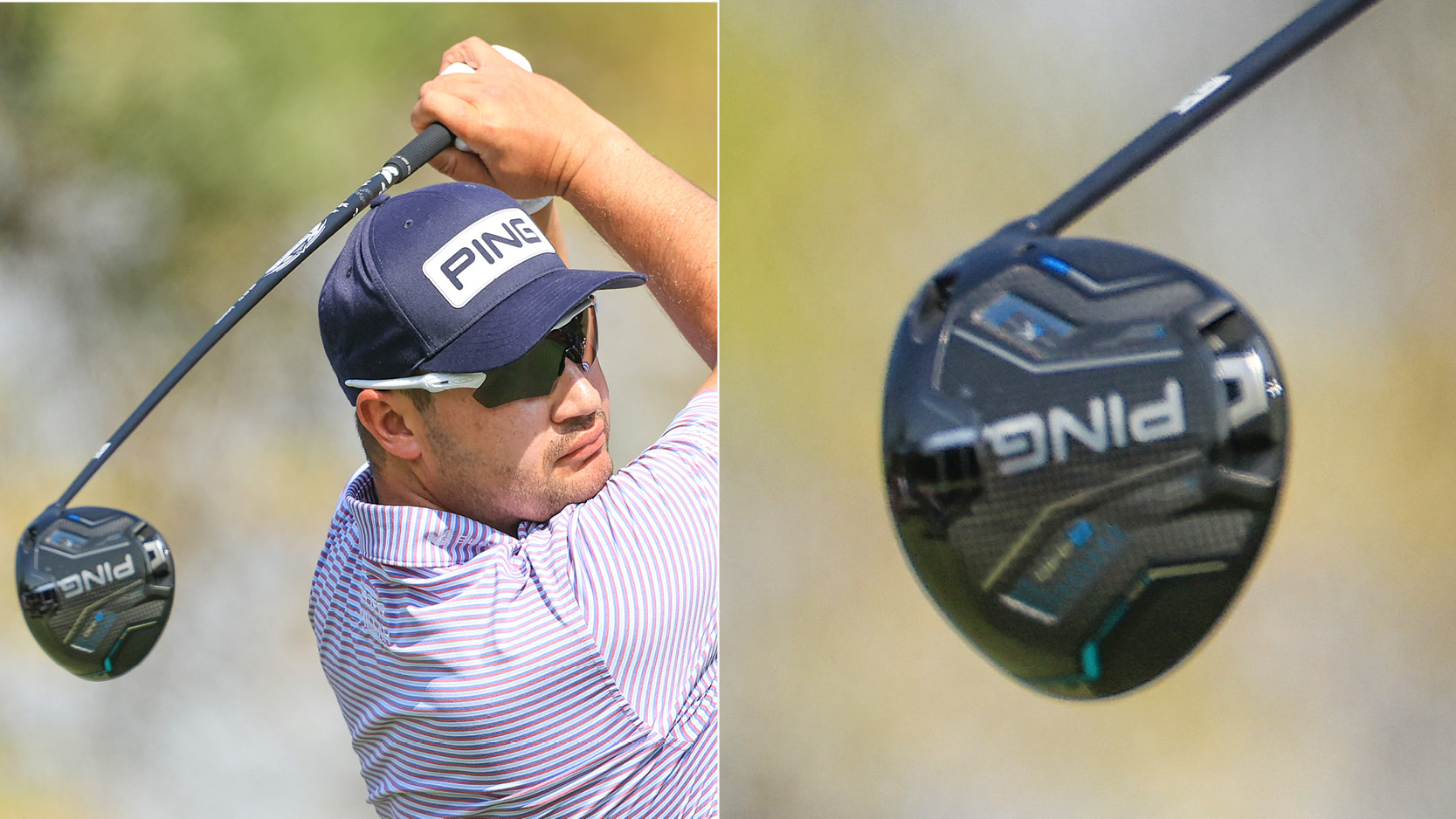Thriston Lawrence hits a driver off the tee, with a close up of the Ping G440 K driver