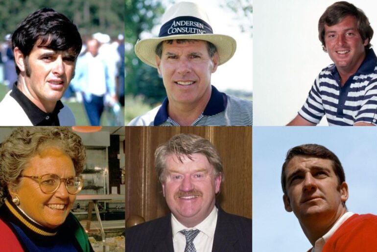 Headshots of golfing figures who died in 2025. Clockwise from top left: Mike Hill, Jay Sigel, Fuzzy Zoeller, JC Snead, Peter McEvoy and Judy Ball.