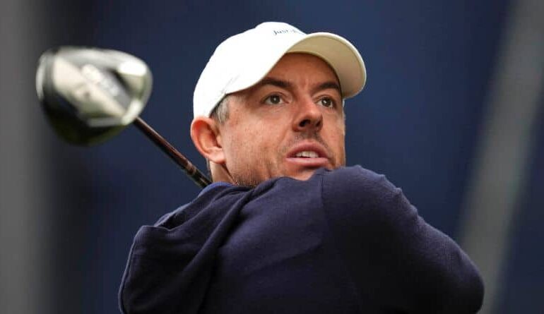 Rory McIlroy of Northern Ireland tees off the 17th during day four of the 2025 BMW PGA Championship at Wentworth Golf Club in Virginia Water, Surrey, England, Sunday Sept. 14, 2025. (Adam Davy/PA via AP)