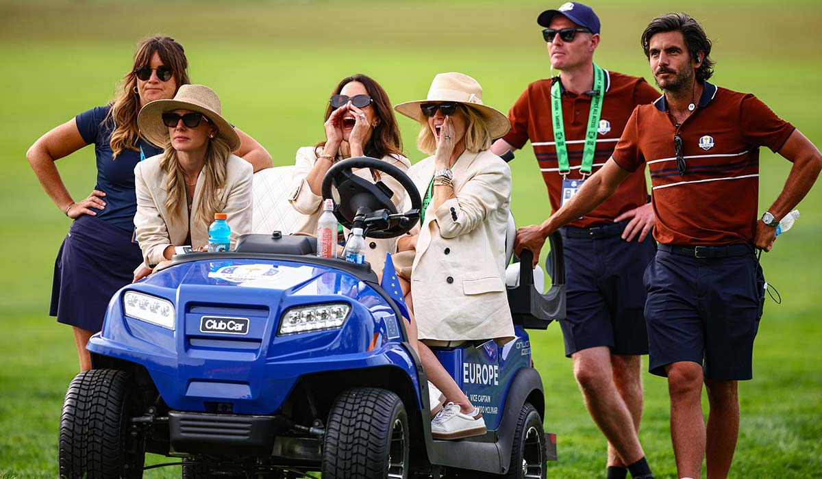 27 September 2025; The partners of, from left, Rory McIlroy, Erica Stoll McIlroy, Luke Donald, Diane Antonopoulos, and Shane Lowry, Wendy Lowry, watch on during the afternoon fourballs on day two of the 2025 Ryder Cup at Black Course at Bethpage State Park Golf Course in Farmingdale, New York, USA. Photo by Vaughn Ridley/Sportsfile