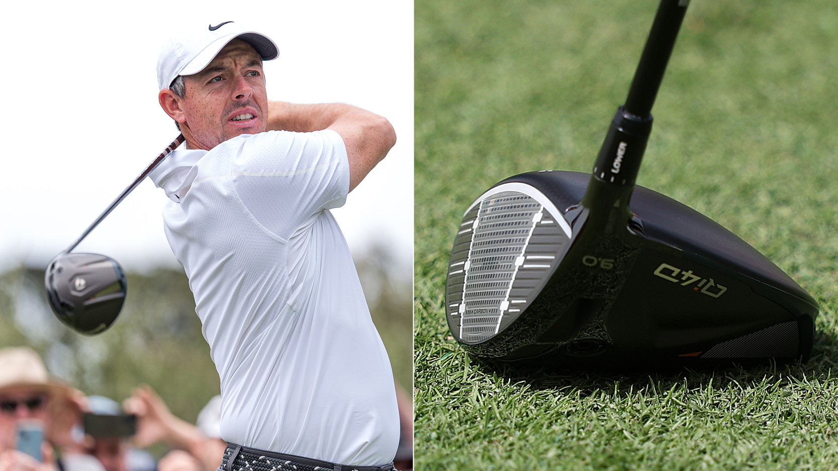 Rory McIlroy hits a driver and a close up of the TaylorMade Qi4D