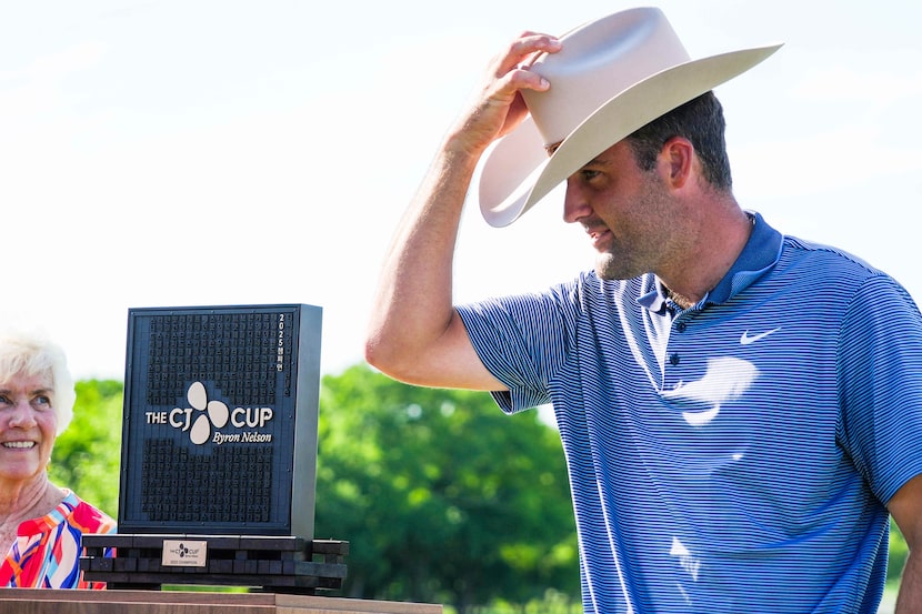 Scottie Scheffler dons the traditional champion’s Stetson after winning the CJ Cup Byron...