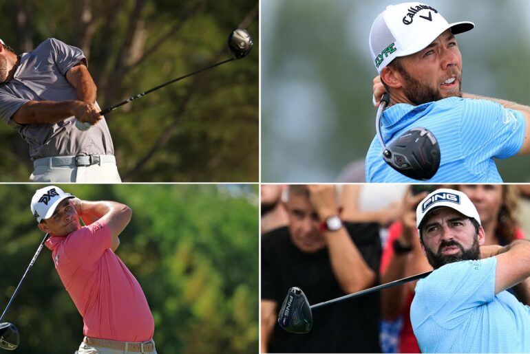 Four golfers hit golf balls with drivers