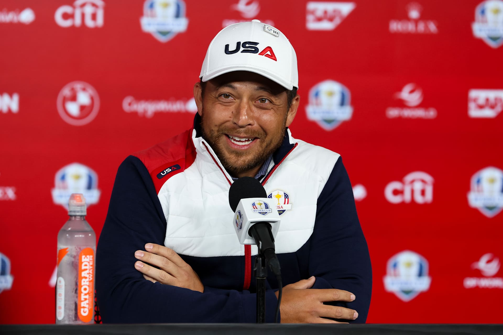 FARMINGDALE, NEW YORK - SEPTEMBER 23:  Xander Schauffele of Team United States speaks to the media prior to the Ryder Cup 2025 at Black Course at Bethpage State Park Golf Course on September 23, 2025 in Farmingdale, New York. (Photo by Jamie Squire/Getty Images)